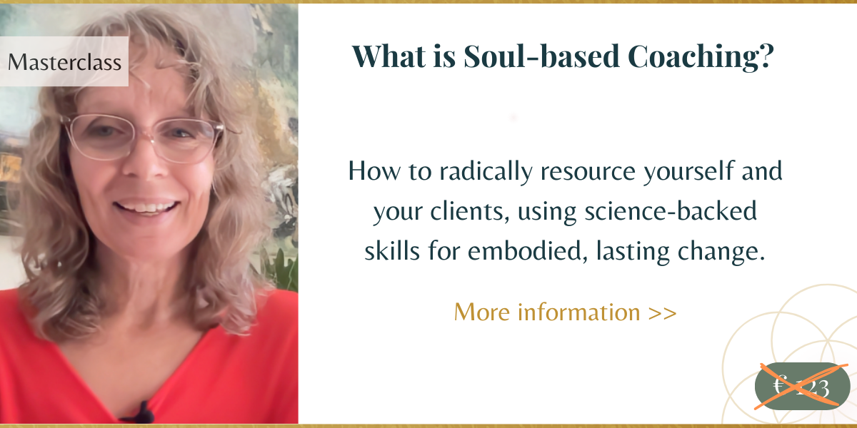 To the right is a white block with dark teal letters reading: "What is Soul-based Coaching? How to Radically resource yourself and yoru clients using science-backed skills for embodied, lasting results". "Click for more information" is added in gold coloured letters. In the right hand corner, the €123 is crossed out with a red cross. To the left is a photo of Annemiek wearing a red top and glasses, with the word "Masterclass' superposed in the left top corner. 