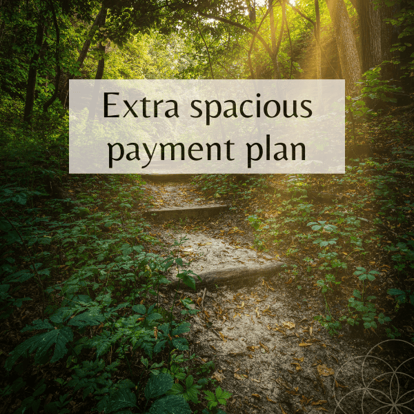 A photo of a path in the forest with wooden steps, and golden light coming in, with a white translucent square that reads: Spacious 12 month plan