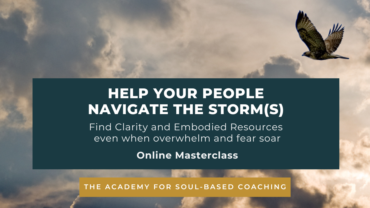 Annemiek is wearing a red top and glasses, behind her are a painting and some leaves of a big plant. To the right is a dark blue rectangle with in white: 'Online Masterclass - How to Become Radically Resourced - Soul-based Coaching skills for change makers